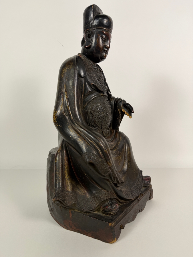 Antique Chinese Ming Dynasty Style Seated Emperor Bureaucratic Official Lacquered Gilt Intricately Carved Wooden Throne Figurine Sculpture - See Photos For Detail 9'W X 8'D X 17'H [Photo 7]