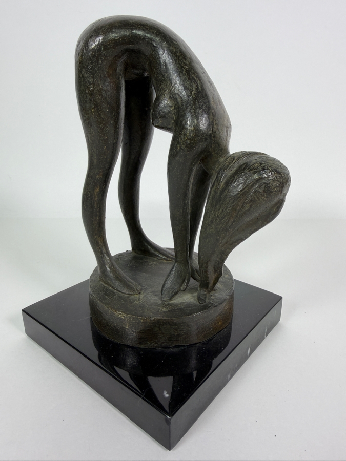 Vintage Modernist Signed Jolly Mid-Century Modern Abstract Fluid Form Bending Nude Female Bather Cast Bronze Figural Sculpture Mounted On Polished Black Marble Base 8'H [Photo 5]