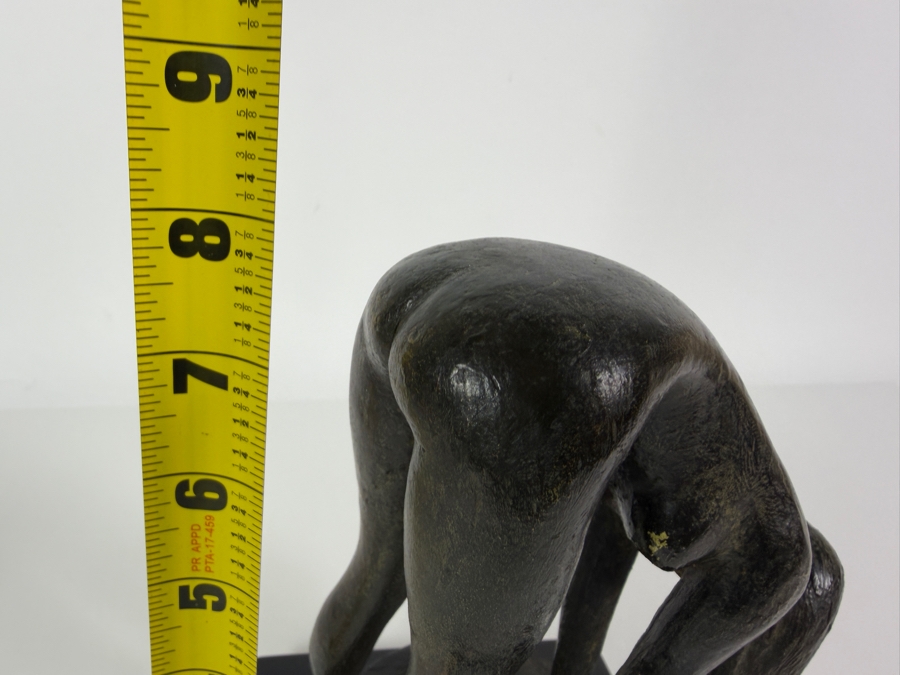 Vintage Modernist Signed Jolly Mid-Century Modern Abstract Fluid Form Bending Nude Female Bather Cast Bronze Figural Sculpture Mounted On Polished Black Marble Base 8'H [Photo 11]