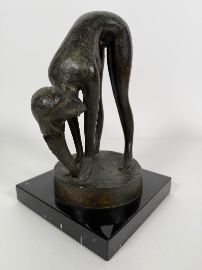Vintage Modernist Signed Jolly Mid-Century Modern Abstract Fluid Form Bending Nude Female Bather Cast Bronze Figural Sculpture Mounted On Polished Black Marble Base 8'H [Photo 4]