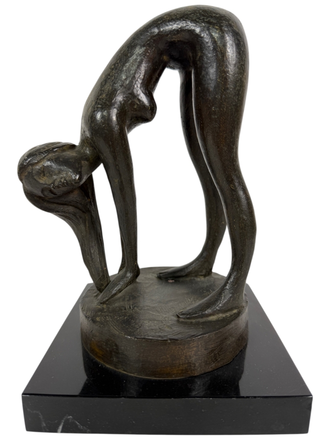 Vintage Modernist Signed Jolly Mid-Century Modern Abstract Fluid Form Bending Nude Female Bather Cast Bronze Figural Sculpture Mounted On Polished Black Marble Base 8'H
