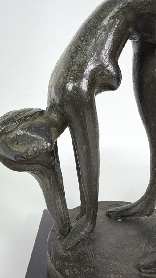 Vintage Modernist Signed Jolly Mid-Century Modern Abstract Fluid Form Bending Nude Female Bather Cast Bronze Figural Sculpture Mounted On Polished Black Marble Base 8'H [Photo 2]