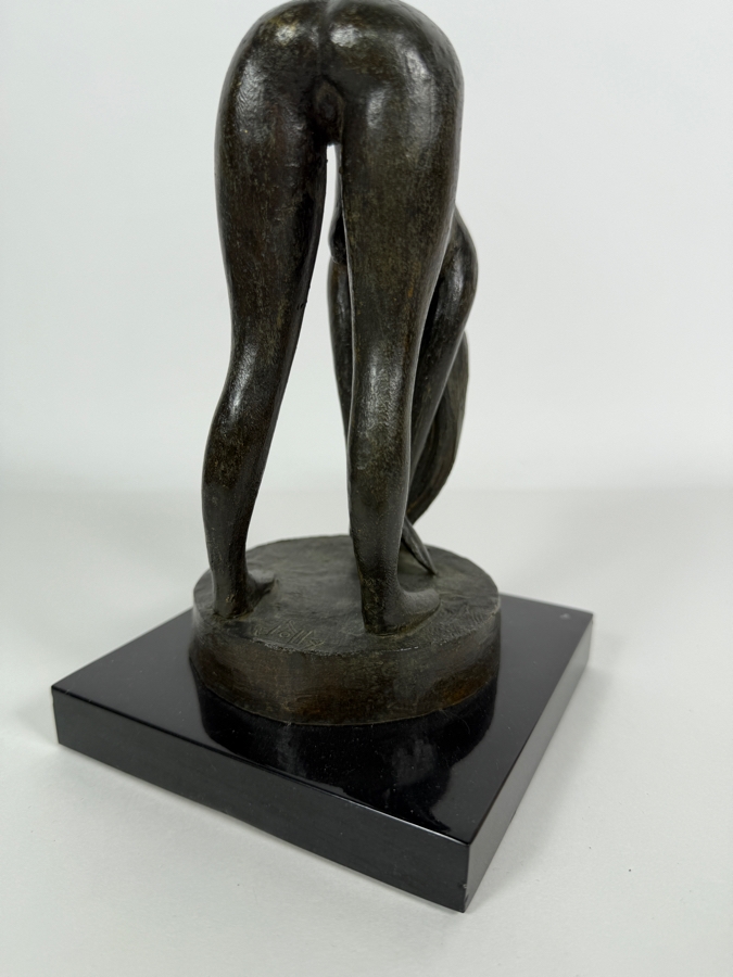Vintage Modernist Signed Jolly Mid-Century Modern Abstract Fluid Form Bending Nude Female Bather Cast Bronze Figural Sculpture Mounted On Polished Black Marble Base 8'H [Photo 7]