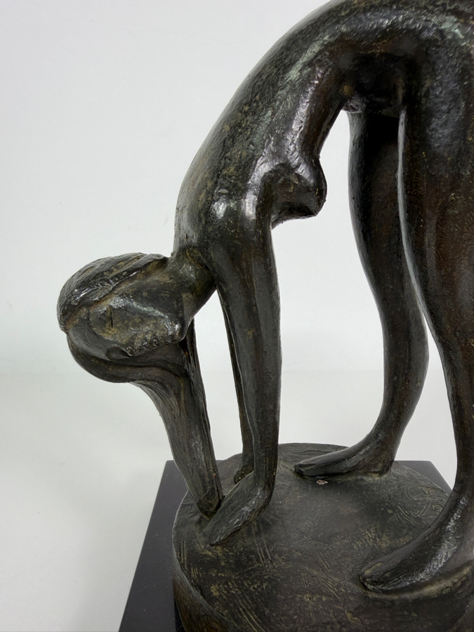 Vintage Modernist Signed Jolly Mid-Century Modern Abstract Fluid Form Bending Nude Female Bather Cast Bronze Figural Sculpture Mounted On Polished Black Marble Base 8'H [Photo 3]
