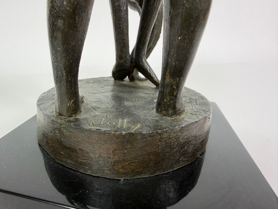 Vintage Modernist Signed Jolly Mid-Century Modern Abstract Fluid Form Bending Nude Female Bather Cast Bronze Figural Sculpture Mounted On Polished Black Marble Base 8'H [Photo 9]
