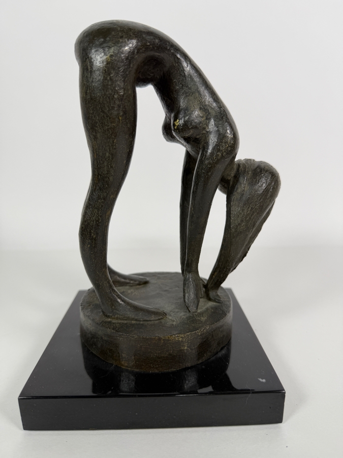 Vintage Modernist Signed Jolly Mid-Century Modern Abstract Fluid Form Bending Nude Female Bather Cast Bronze Figural Sculpture Mounted On Polished Black Marble Base 8'H [Photo 6]