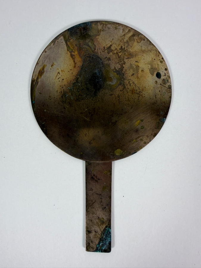 Antique Japanese Edo Period Cast Bronze Hand Mirror Kagami Crane Tortoise Pine Tree Waves Motif 9.5'H [Photo 6]
