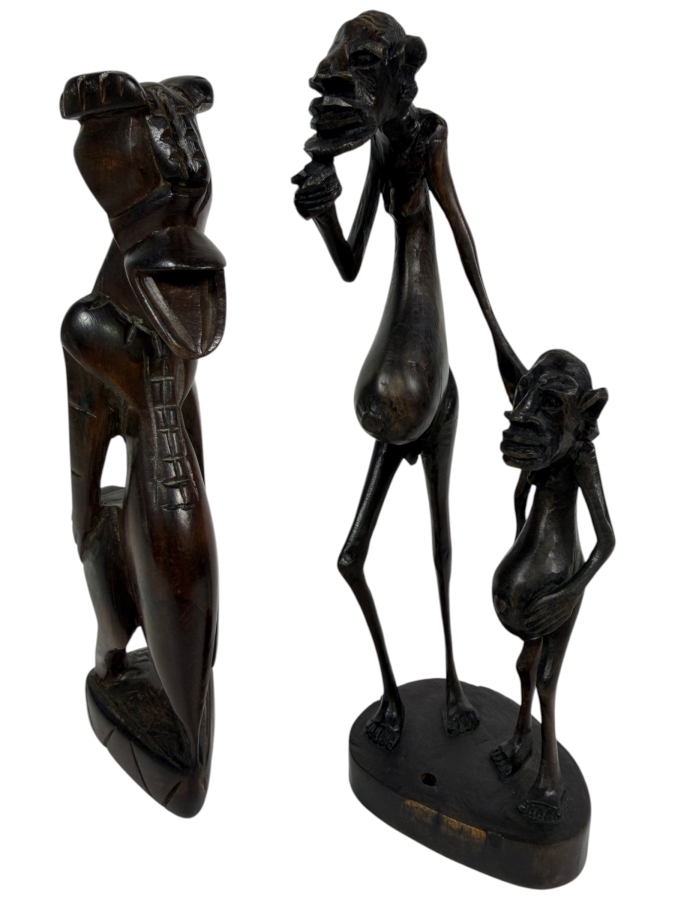 Vintage East African Makonde Hand Carved Dark Ebony Wood Extended Belly Abstract Figures Sculptures Lot Of 2 7'H