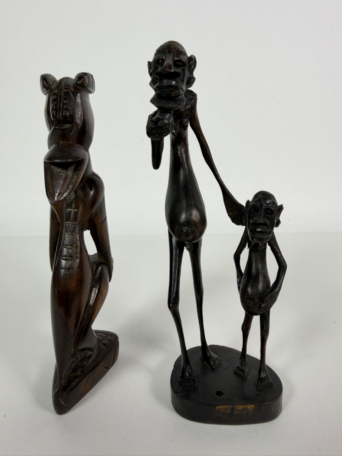 Vintage East African Makonde Hand Carved Dark Ebony Wood Extended Belly Abstract Figures Sculptures Lot Of 2 7'H [Photo 2]