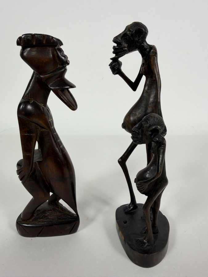 Vintage East African Makonde Hand Carved Dark Ebony Wood Extended Belly Abstract Figures Sculptures Lot Of 2 7'H [Photo 3]