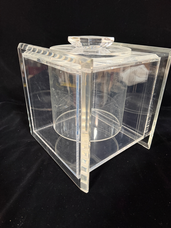 Vintage Alessandro Albrizzi Style Mid-Century Modern Heavy Double Walled Square Lucite Acrylic Ice Bucket With Removable Cylindrical Liner And Lid 10'H [Photo 3]