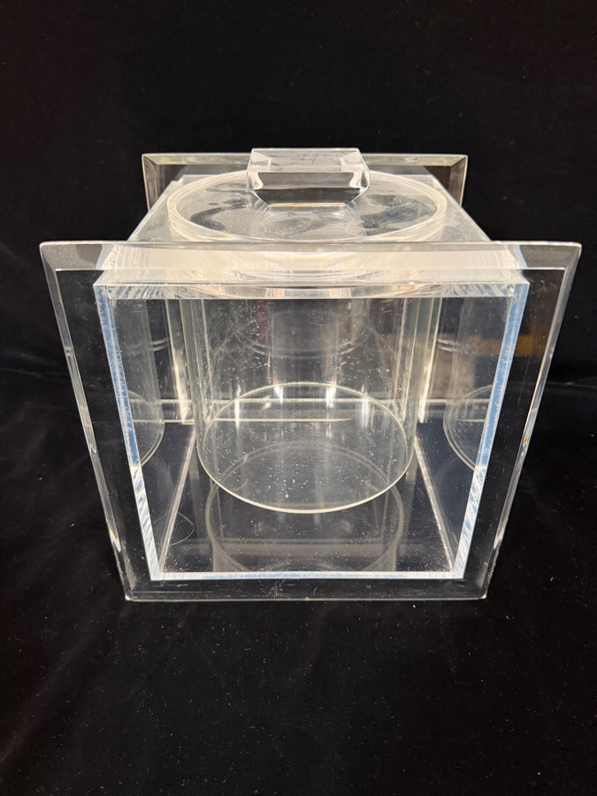 Vintage Alessandro Albrizzi Style Mid-Century Modern Heavy Double Walled Square Lucite Acrylic Ice Bucket With Removable Cylindrical Liner And Lid 10'H [Photo 4]