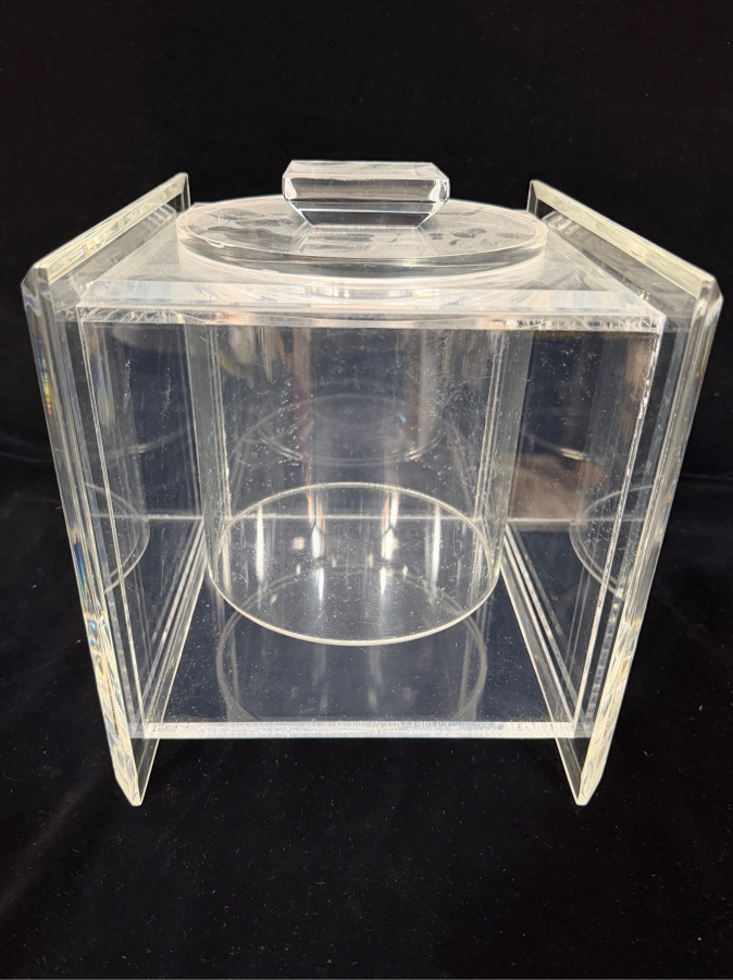 Vintage Alessandro Albrizzi Style Mid-Century Modern Heavy Double Walled Square Lucite Acrylic Ice Bucket With Removable Cylindrical Liner And Lid 10'H