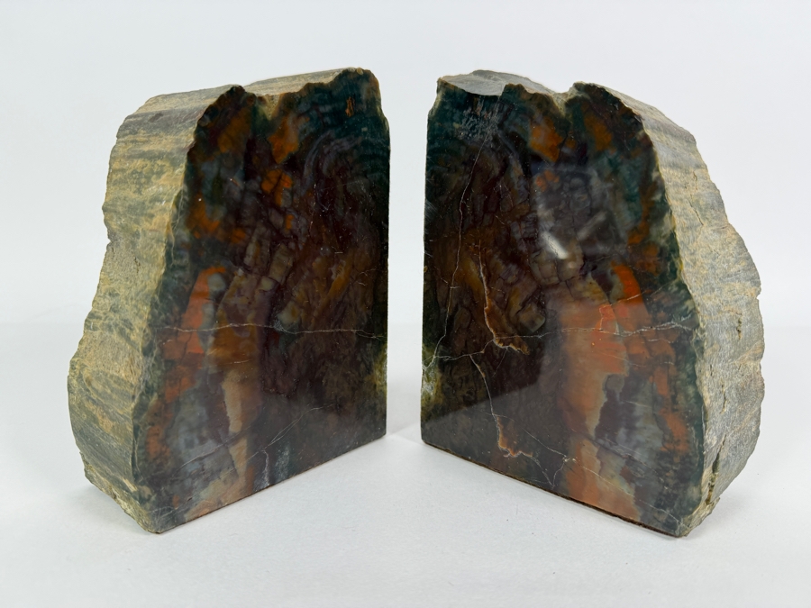 Vintage Multi Color Arizona Polished Natural Petrified Wood Slab Heavy Desktop Bookends Pair Set Of 2 6.5'H [Photo 3]