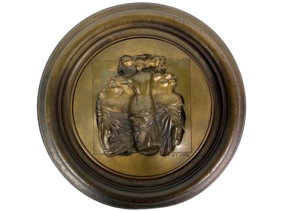 Vintage 1982 Artist Signed Initials AT Relief Sculpted Bronze Nude Female Back Torso Round Wall Plaque Medallion Purchased from Képcsarnok Vállalat Art Gallery in Hungary Titled 'Roman Girls' 7.25'W [Photo 2]
