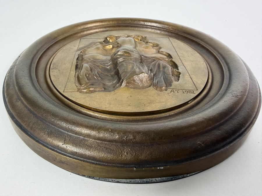 Vintage 1982 Artist Signed Initials AT Relief Sculpted Bronze Nude Female Back Torso Round Wall Plaque Medallion Purchased from Képcsarnok Vállalat Art Gallery in Hungary Titled 'Roman Girls' 7.25'W [Photo 6]