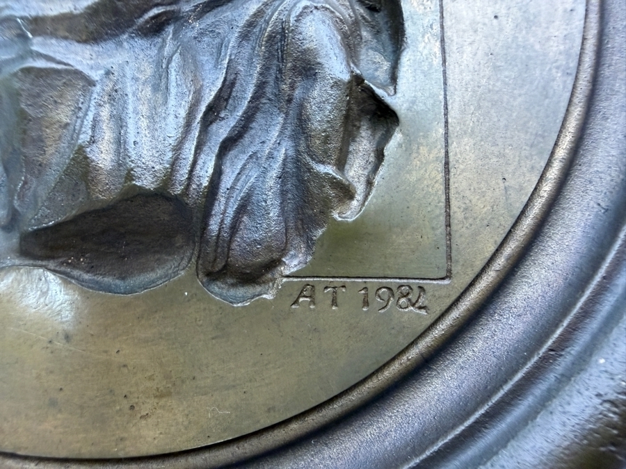 Vintage 1982 Artist Signed Initials AT Relief Sculpted Bronze Nude Female Back Torso Round Wall Plaque Medallion Purchased from Képcsarnok Vállalat Art Gallery in Hungary Titled 'Roman Girls' 7.25'W [Photo 5]
