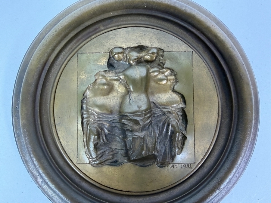 Vintage 1982 Artist Signed Initials AT Relief Sculpted Bronze Nude Female Back Torso Round Wall Plaque Medallion Purchased from Képcsarnok Vállalat Art Gallery in Hungary Titled 'Roman Girls' 7.25'W [Photo 3]
