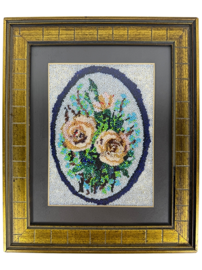 Antique 19th Century Victorian Floral Bouquet Micro Seed Beadwork Needlework Textile In Gilt Grid Pattern Frame 10'W X 12'H