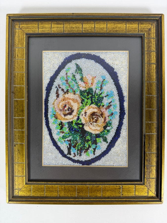 Antique 19th Century Victorian Floral Bouquet Micro Seed Beadwork Needlework Textile In Gilt Grid Pattern Frame 10'W X 12'H [Photo 2]