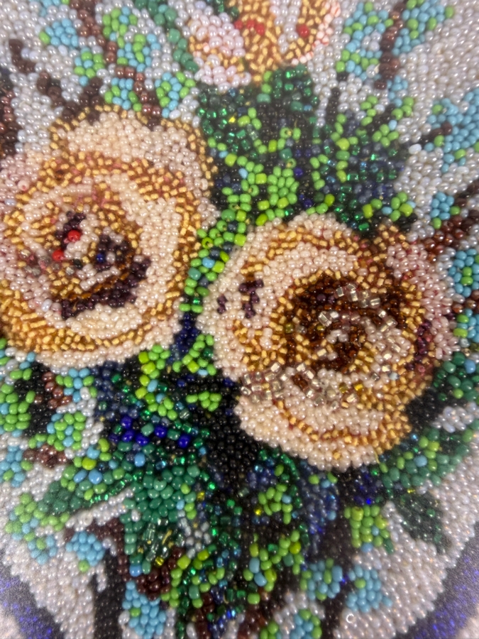 Antique 19th Century Victorian Floral Bouquet Micro Seed Beadwork Needlework Textile In Gilt Grid Pattern Frame 10'W X 12'H [Photo 4]