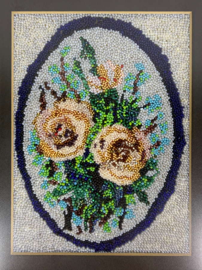 Antique 19th Century Victorian Floral Bouquet Micro Seed Beadwork Needlework Textile In Gilt Grid Pattern Frame 10'W X 12'H [Photo 3]