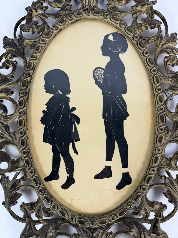 Vintage Joy Casterton Signed Two Young Children Tennis Racket Silhouette In Ornate Brass Oval Frame 12.5'H [Photo 2]