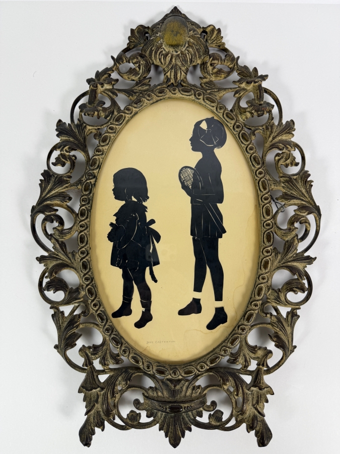 Vintage Joy Casterton Signed Two Young Children Tennis Racket Silhouette In Ornate Brass Oval Frame 12.5'H