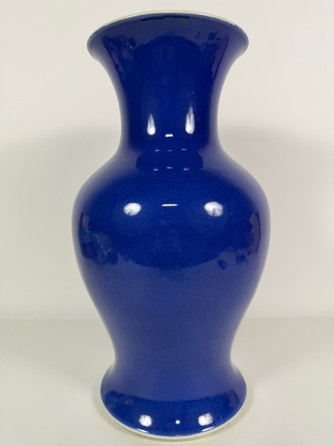 Antique 19th Century Chinese Monochrome Powder Blue Glazed Porcelain Baluster Form Vase On Openwork Carved Wood Display Stand 16'H [Photo 3]