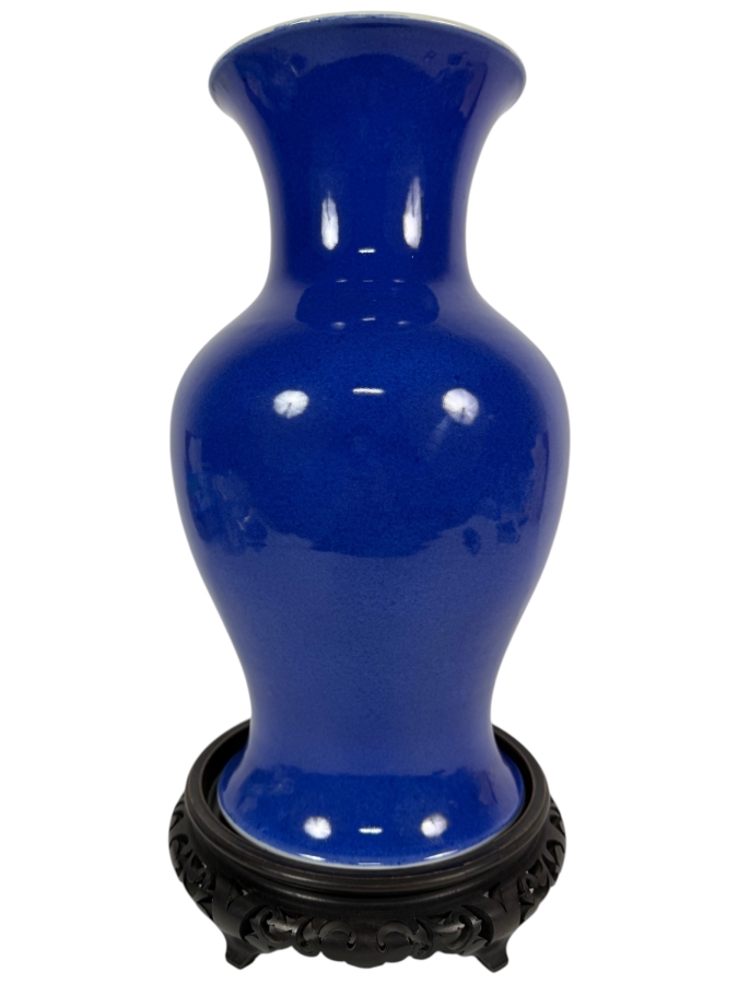 Antique 19th Century Chinese Monochrome Powder Blue Glazed Porcelain Baluster Form Vase On Openwork Carved Wood Display Stand 16'H