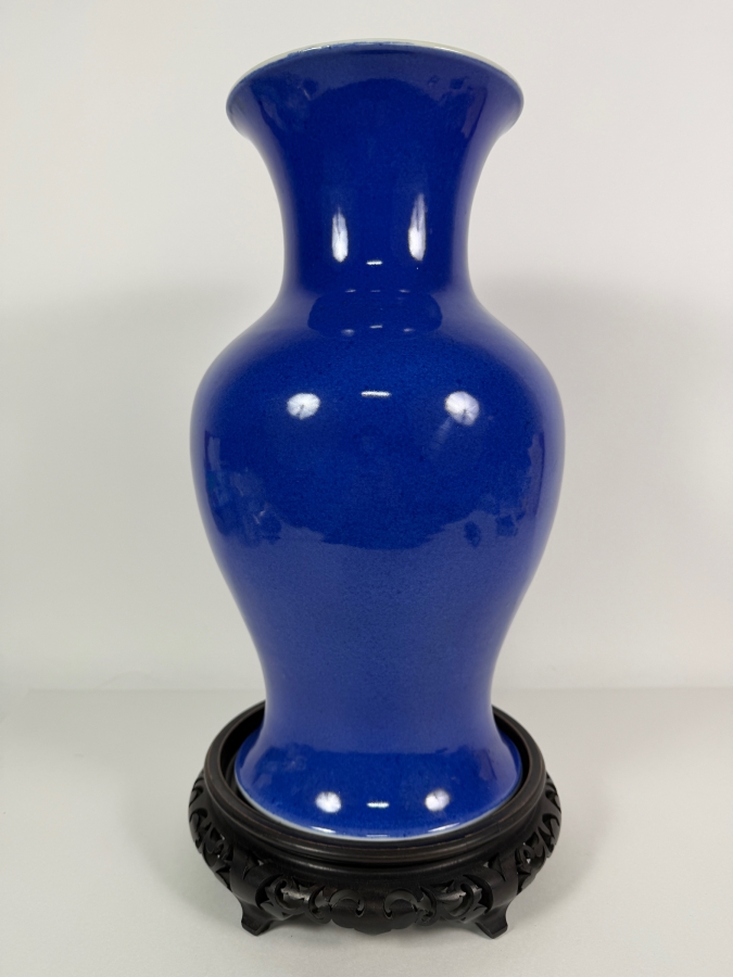 Antique 19th Century Chinese Monochrome Powder Blue Glazed Porcelain Baluster Form Vase On Openwork Carved Wood Display Stand 16'H [Photo 2]