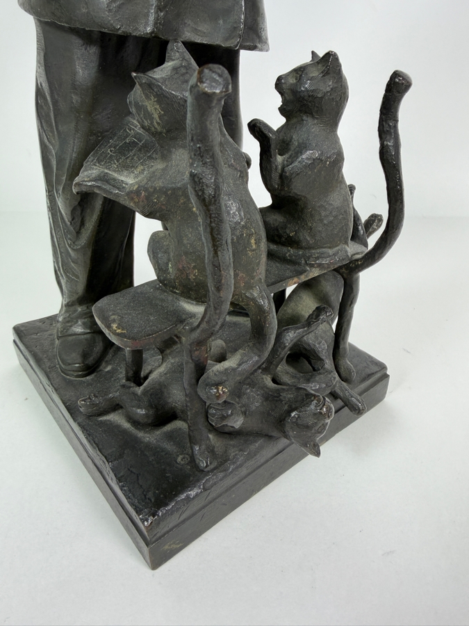 Antique Circa 1910 Ernest Wante Signed Belgian Art Nouveau Patinated Bronze Whimsical Pierrot Conducting Cat Choir Vocal Lesson Sculpture 16.5'H [Photo 16]