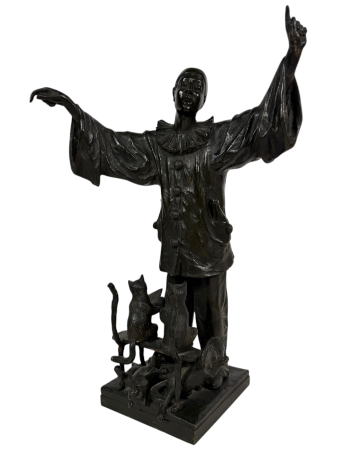Antique Circa 1910 Ernest Wante Signed Belgian Art Nouveau Patinated Bronze Whimsical Pierrot Conducting Cat Choir Vocal Lesson Sculpture 16.5'H