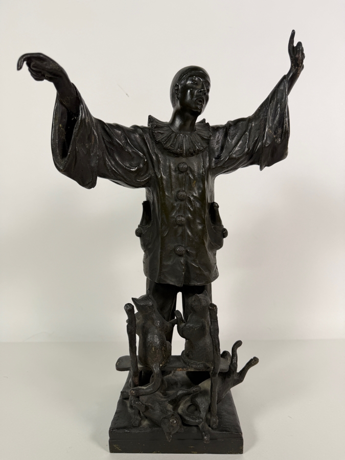 Antique Circa 1910 Ernest Wante Signed Belgian Art Nouveau Patinated Bronze Whimsical Pierrot Conducting Cat Choir Vocal Lesson Sculpture 16.5'H [Photo 2]