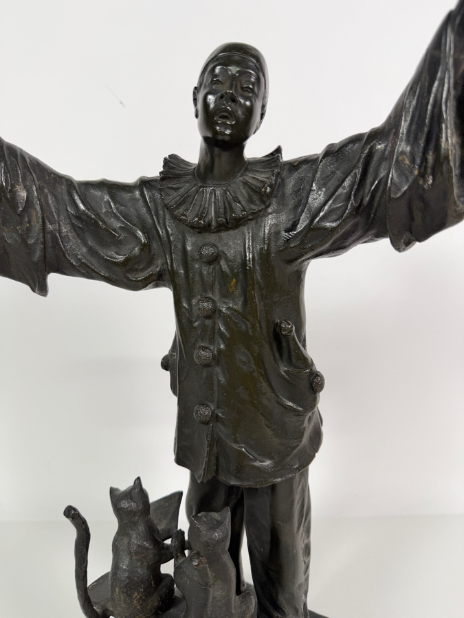 Antique Circa 1910 Ernest Wante Signed Belgian Art Nouveau Patinated Bronze Whimsical Pierrot Conducting Cat Choir Vocal Lesson Sculpture 16.5'H [Photo 3]
