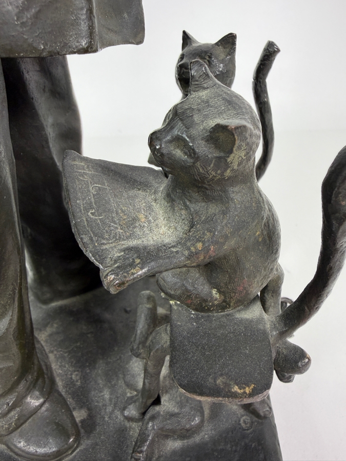 Antique Circa 1910 Ernest Wante Signed Belgian Art Nouveau Patinated Bronze Whimsical Pierrot Conducting Cat Choir Vocal Lesson Sculpture 16.5'H [Photo 15]