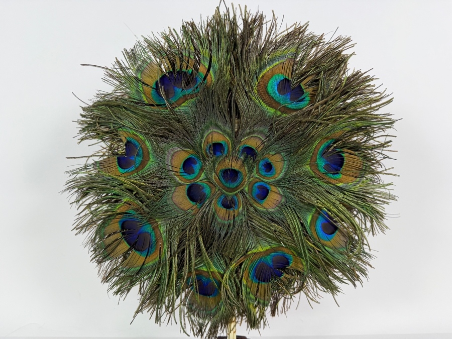 Vintage Chinese Natural Peacock Feather Mandala Hand Fan On Openwork Carved Footed Wood Display Stand 16'H [Photo 5]