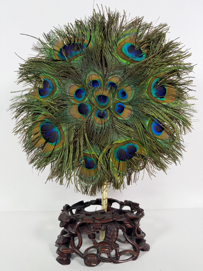 Vintage Chinese Natural Peacock Feather Mandala Hand Fan On Openwork Carved Footed Wood Display Stand 16'H [Photo 2]