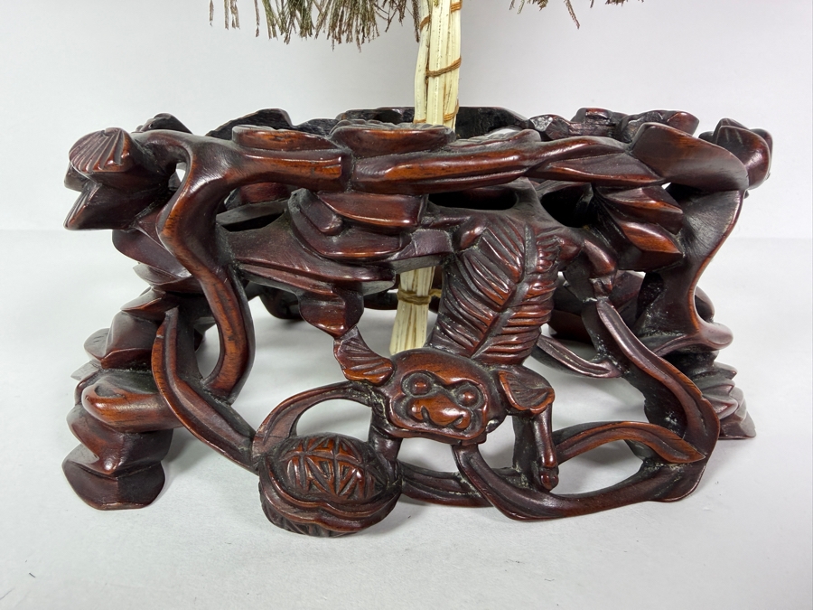 Vintage Chinese Natural Peacock Feather Mandala Hand Fan On Openwork Carved Footed Wood Display Stand 16'H [Photo 3]