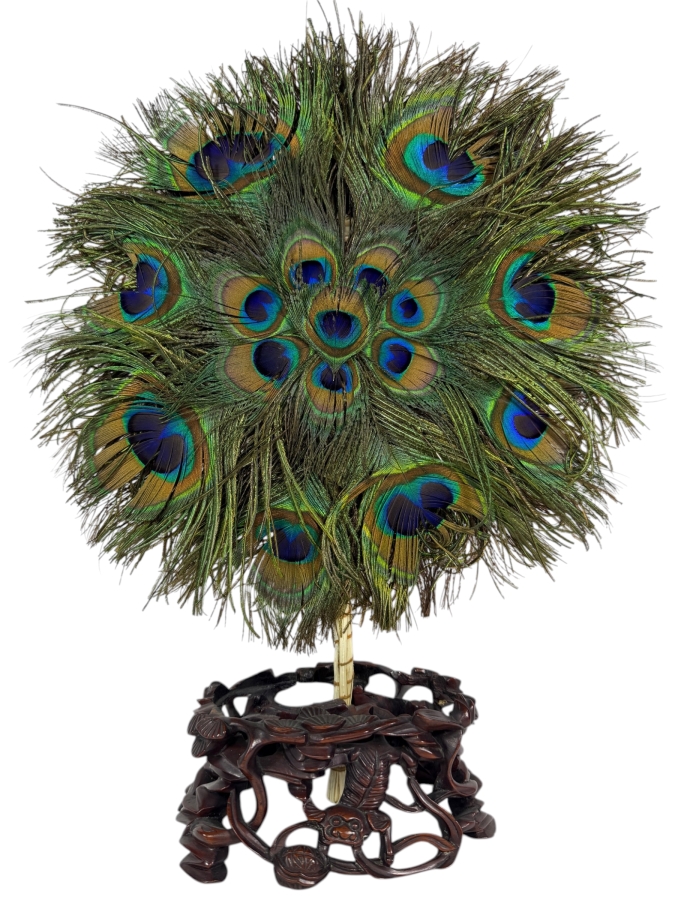 Vintage Chinese Natural Peacock Feather Mandala Hand Fan On Openwork Carved Footed Wood Display Stand 16'H