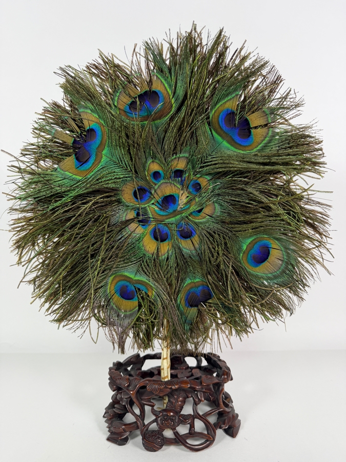 Vintage Chinese Natural Peacock Feather Mandala Hand Fan On Openwork Carved Footed Wood Display Stand 16'H [Photo 7]