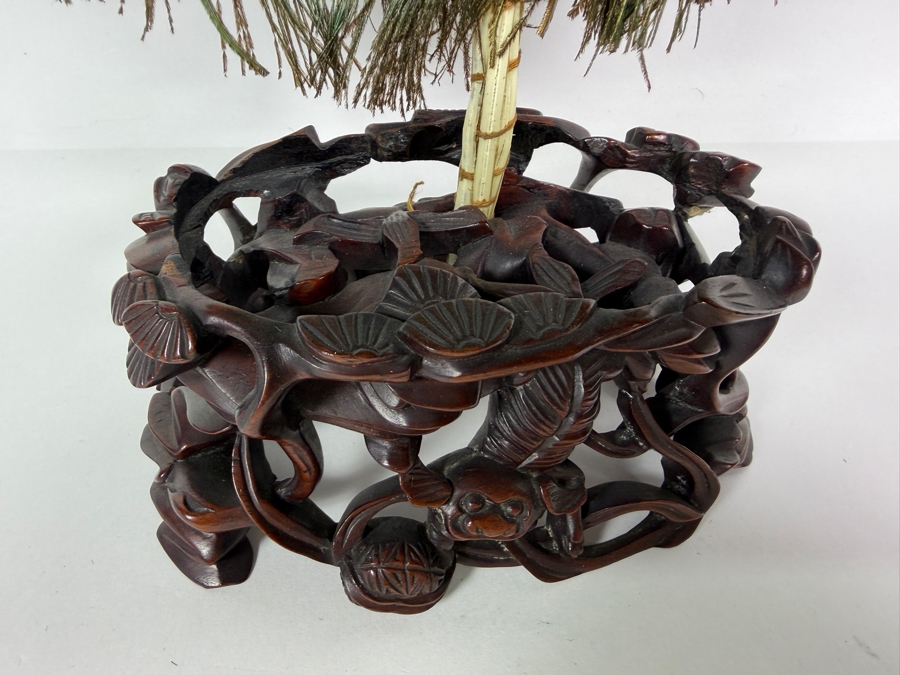 Vintage Chinese Natural Peacock Feather Mandala Hand Fan On Openwork Carved Footed Wood Display Stand 16'H [Photo 4]