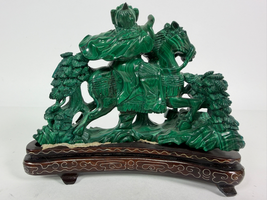Vintage Chinese Hand Carved Genuine Green Malachite Warrior General On Horseback Figurine On Fitted Wood Stand 7'W X 5.5'H [Photo 8]