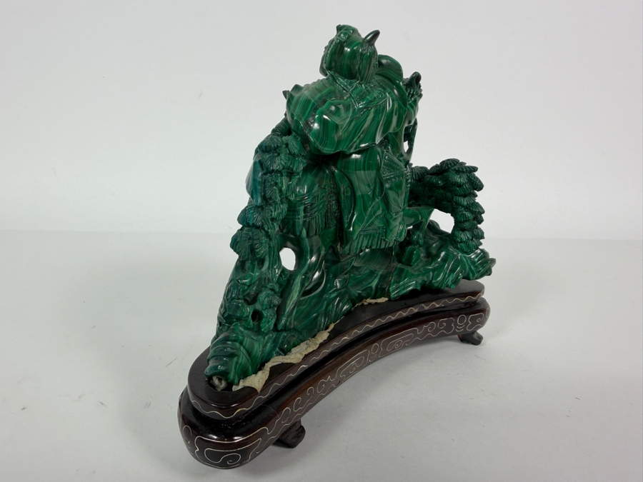 Vintage Chinese Hand Carved Genuine Green Malachite Warrior General On Horseback Figurine On Fitted Wood Stand 7'W X 5.5'H [Photo 9]