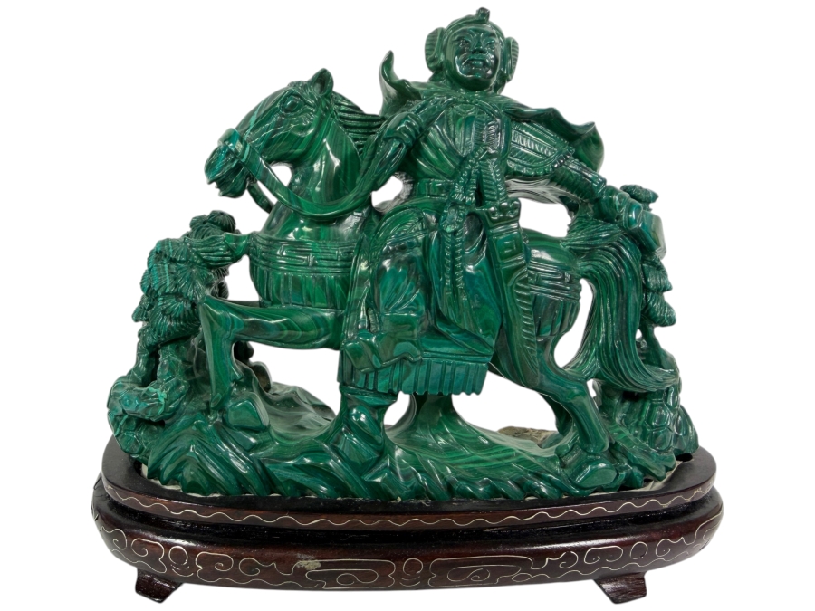Vintage Chinese Hand Carved Genuine Green Malachite Warrior General On Horseback Figurine On Fitted Wood Stand 7'W X 5.5'H