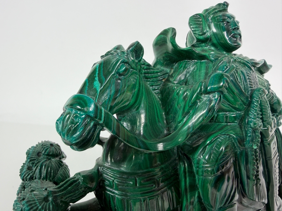 Vintage Chinese Hand Carved Genuine Green Malachite Warrior General On Horseback Figurine On Fitted Wood Stand 7'W X 5.5'H [Photo 7]