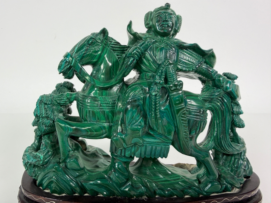 Vintage Chinese Hand Carved Genuine Green Malachite Warrior General On Horseback Figurine On Fitted Wood Stand 7'W X 5.5'H [Photo 2]
