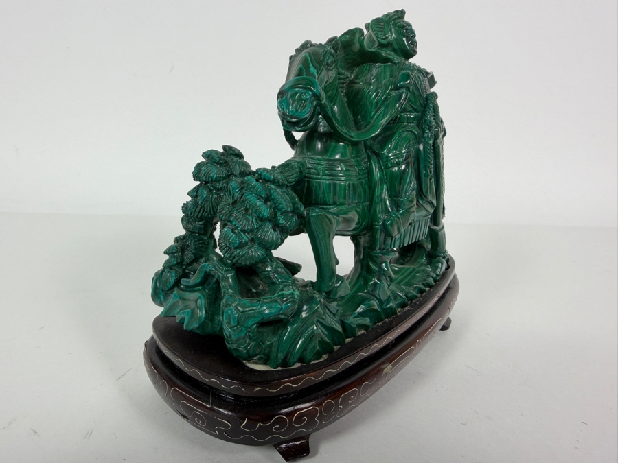 Vintage Chinese Hand Carved Genuine Green Malachite Warrior General On Horseback Figurine On Fitted Wood Stand 7'W X 5.5'H [Photo 5]