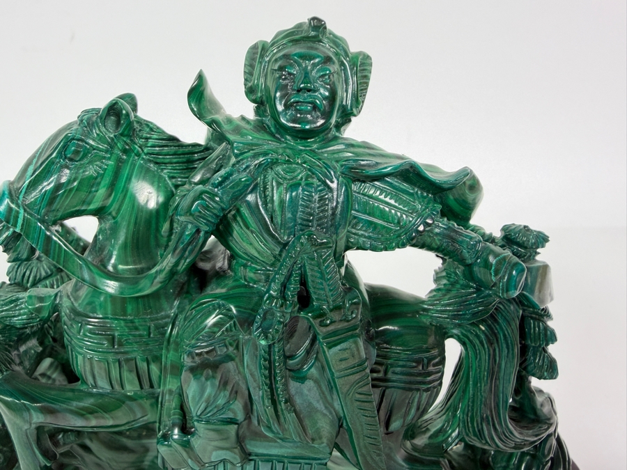 Vintage Chinese Hand Carved Genuine Green Malachite Warrior General On Horseback Figurine On Fitted Wood Stand 7'W X 5.5'H [Photo 3]
