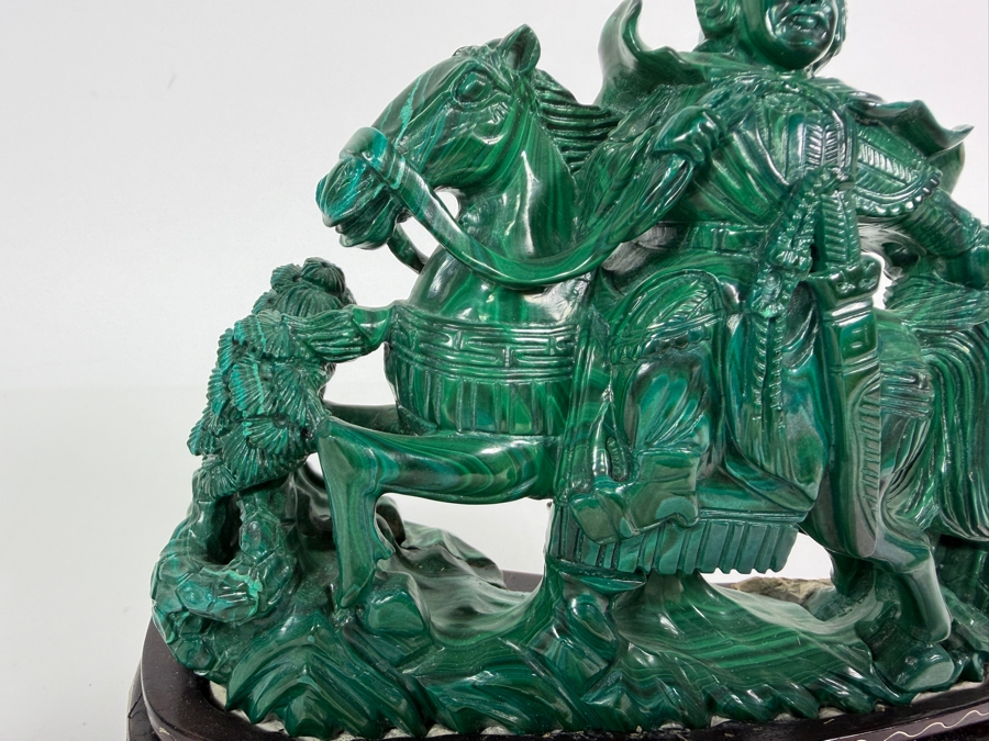 Vintage Chinese Hand Carved Genuine Green Malachite Warrior General On Horseback Figurine On Fitted Wood Stand 7'W X 5.5'H [Photo 4]